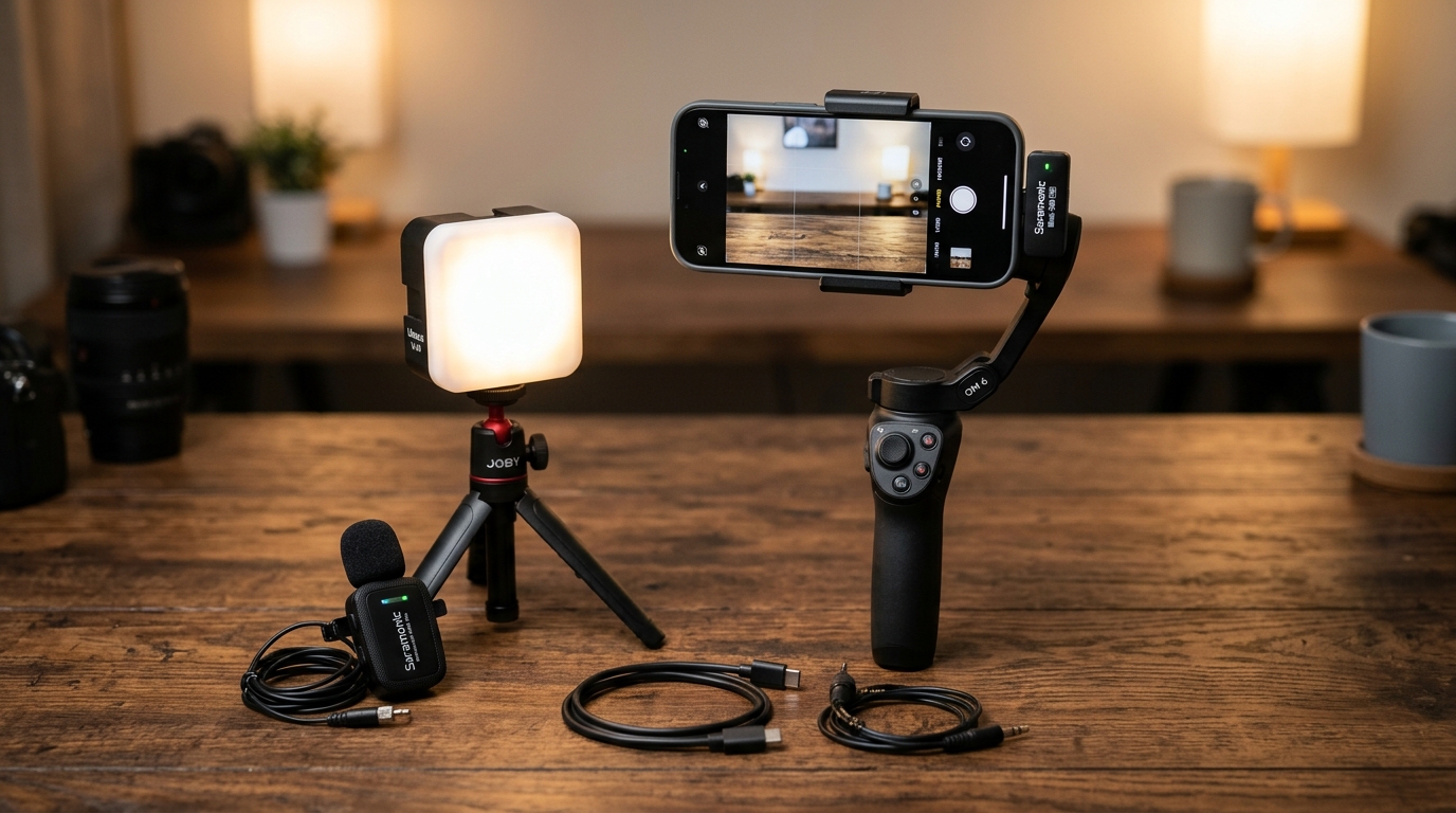 Mobile smartphone videography gear kit on a wooden table: smartphone mounted on a 3-axis gimbal, external wireless lapel microphone, portable LED softbox light cube, and lens.