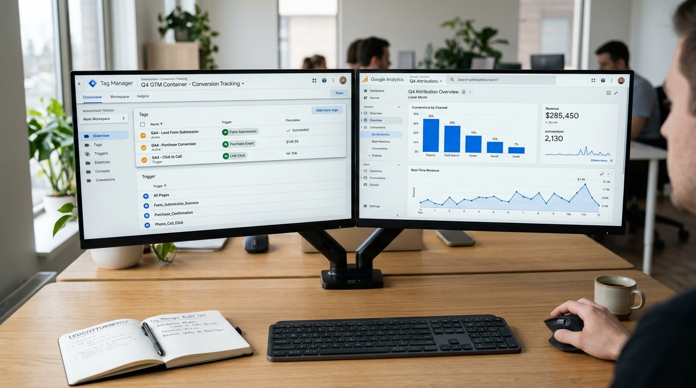 Marketing analyst dual-monitor setup showing Google Tag Manager conversion trigger configuration for form submits, calls, and purchases alongside real-time revenue analytics.