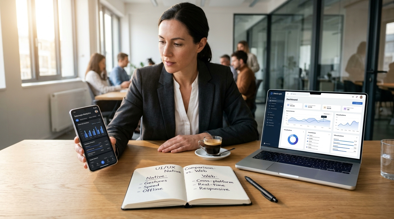 Business strategist desk comparing a native mobile application interface on a smartphone with a responsive web application on an ultra-thin laptop, alongside decision comparison notes.
