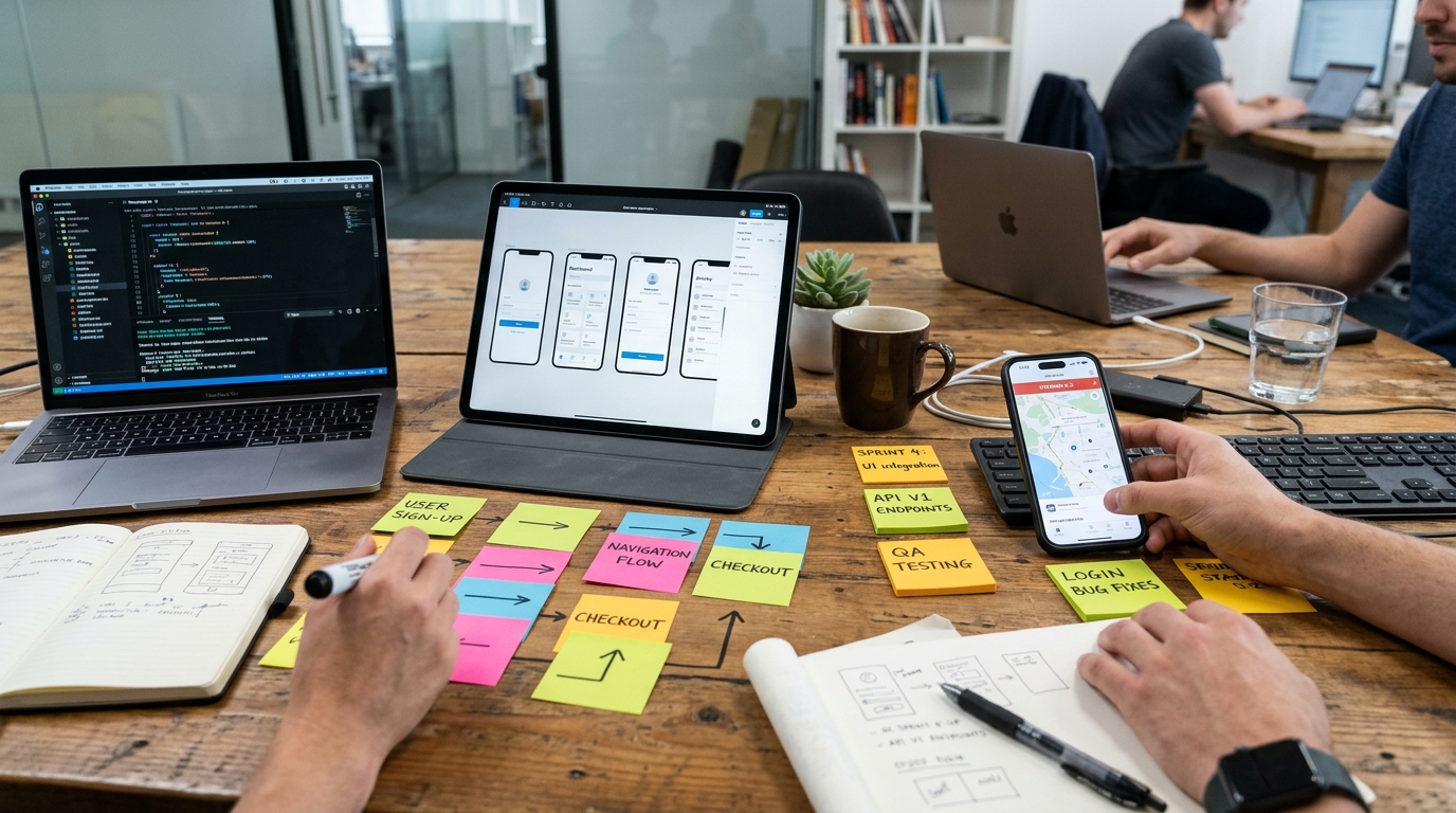 Agile app development team workspace with an iPad displaying interactive UI wireframes, an iPhone running a live staging build, UX flowcards, and sprint backlog post-it notes.