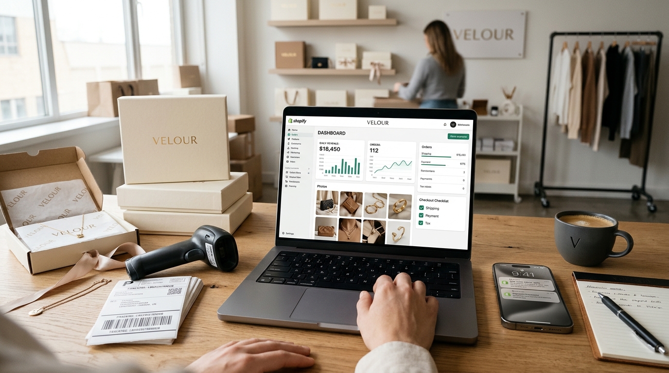 E-commerce entrepreneur desk workstation with a laptop displaying an online store admin dashboard, order metrics, payment gateway checklist, luxury packaging boxes, and barcode scanner.
