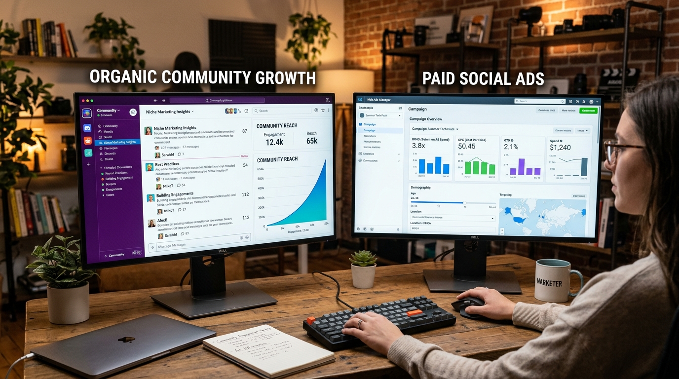 Dual-monitor marketing workstation contrasting organic community engagement metrics and viral reach graphs on one monitor with paid social ad campaign management on the second.