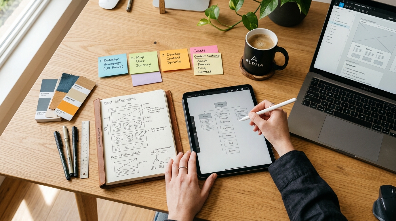 Creative agency design desk with a website project planning document, wireframe hierarchy sitemap on a tablet, color swatches, sticky notes with website goals, and drafting tools.