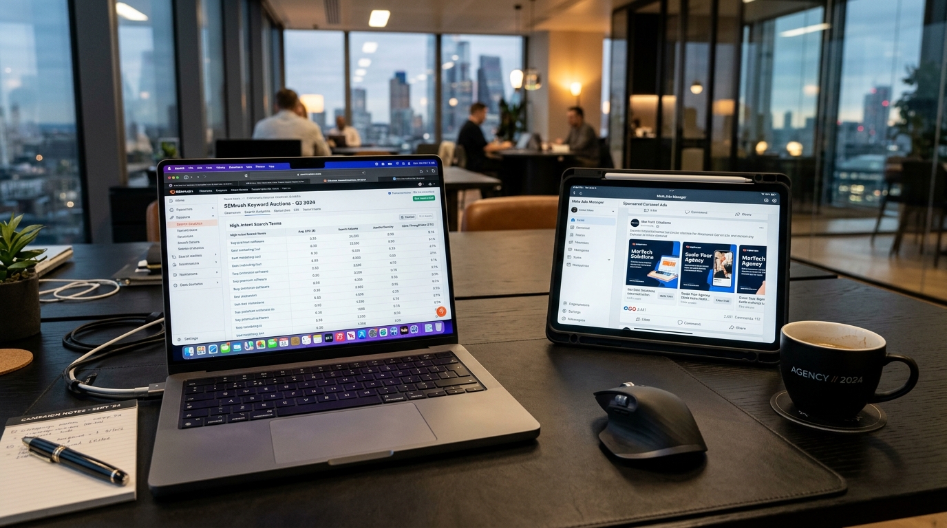 Executive marketing desk with a laptop analyzing high-intent Google search ad keyword bids alongside a tablet showing discovery-driven social feed carousel ads.