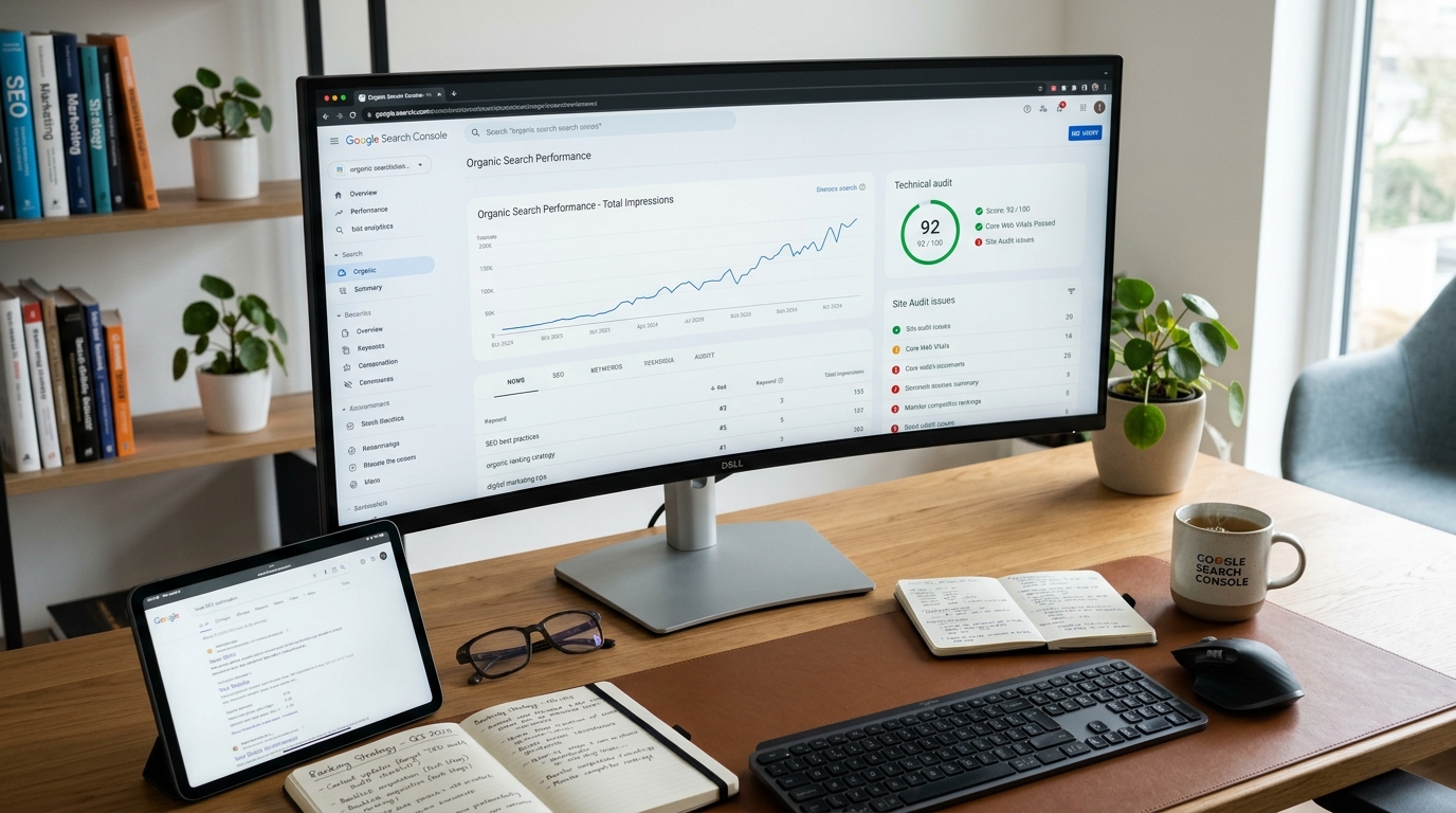 SEO specialist modern workstation with a large display showing search engine crawl logs, keyword ranking impression graphs, technical audit scorecard, and query analysis.