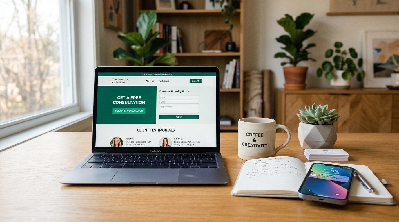 Modern small business workstation with a sleek laptop displaying a high-converting website homepage, enquiry contact form, customer reviews, and clear call-to-action buttons.