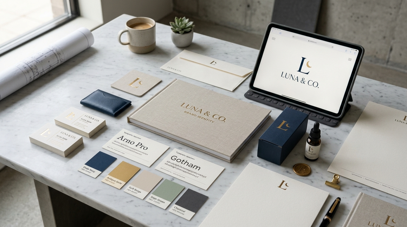 Complete luxury brand identity design kit laid out on an architect marble desk: embossed business cards, color palette swatches, typography booklet, packaging sample, and digital logo.