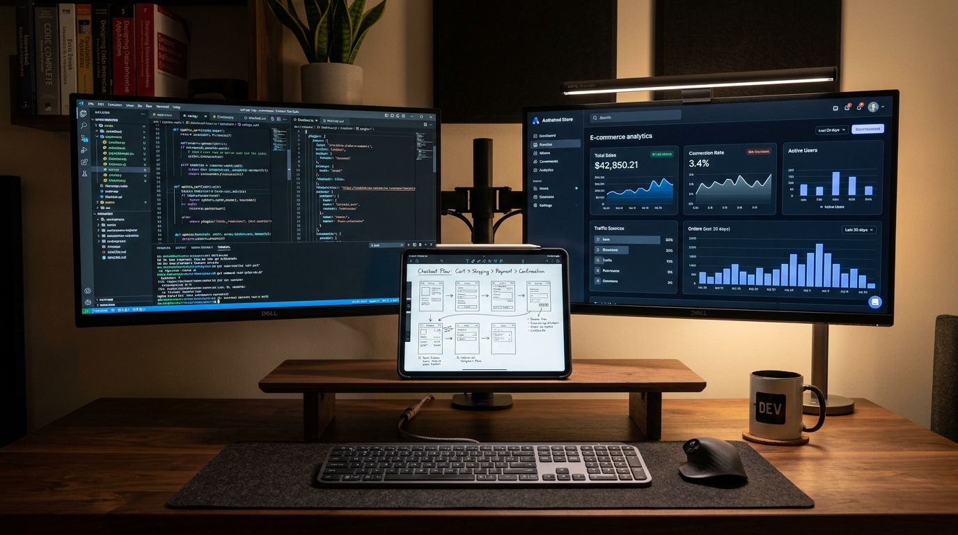 Dual-monitor tech workstation comparing open-source WooCommerce code and plugin architecture on one screen against a hosted SaaS ecommerce platform dashboard on the other.