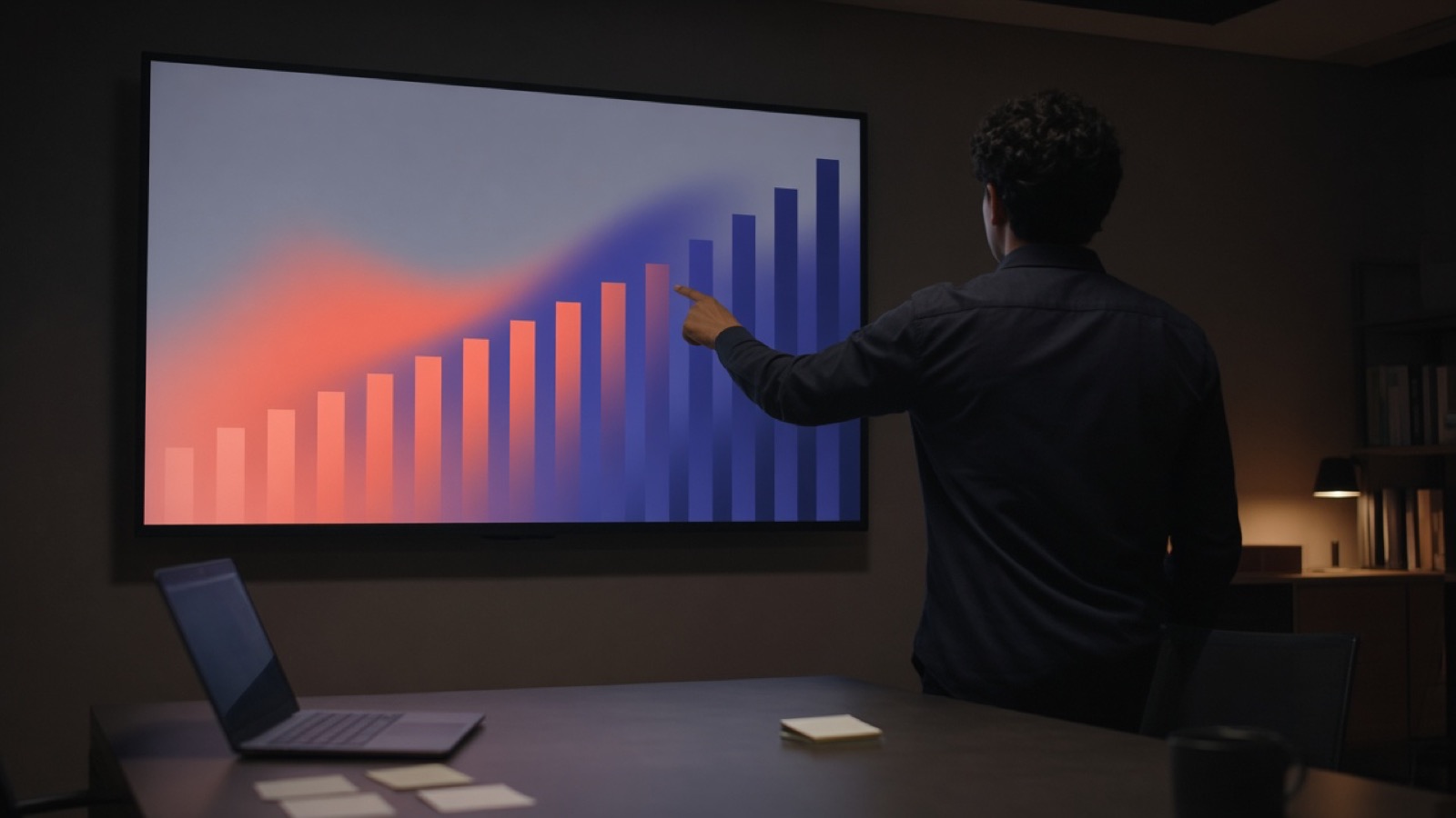 Advertising strategy room with a wide screen of rising coral and indigo campaign bars