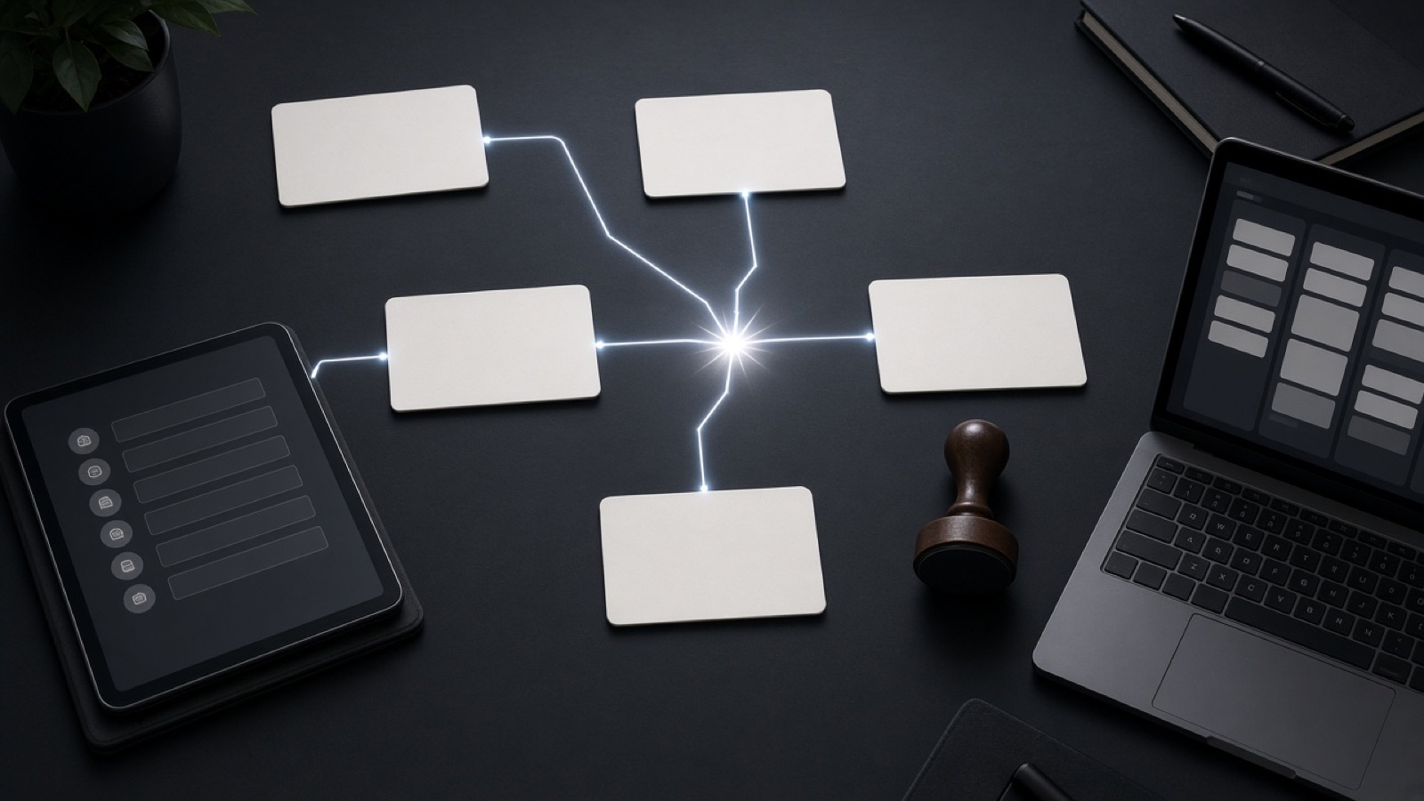 Overhead workflow of connected cards linking a form, a spark of light, an approval stamp, and a laptop