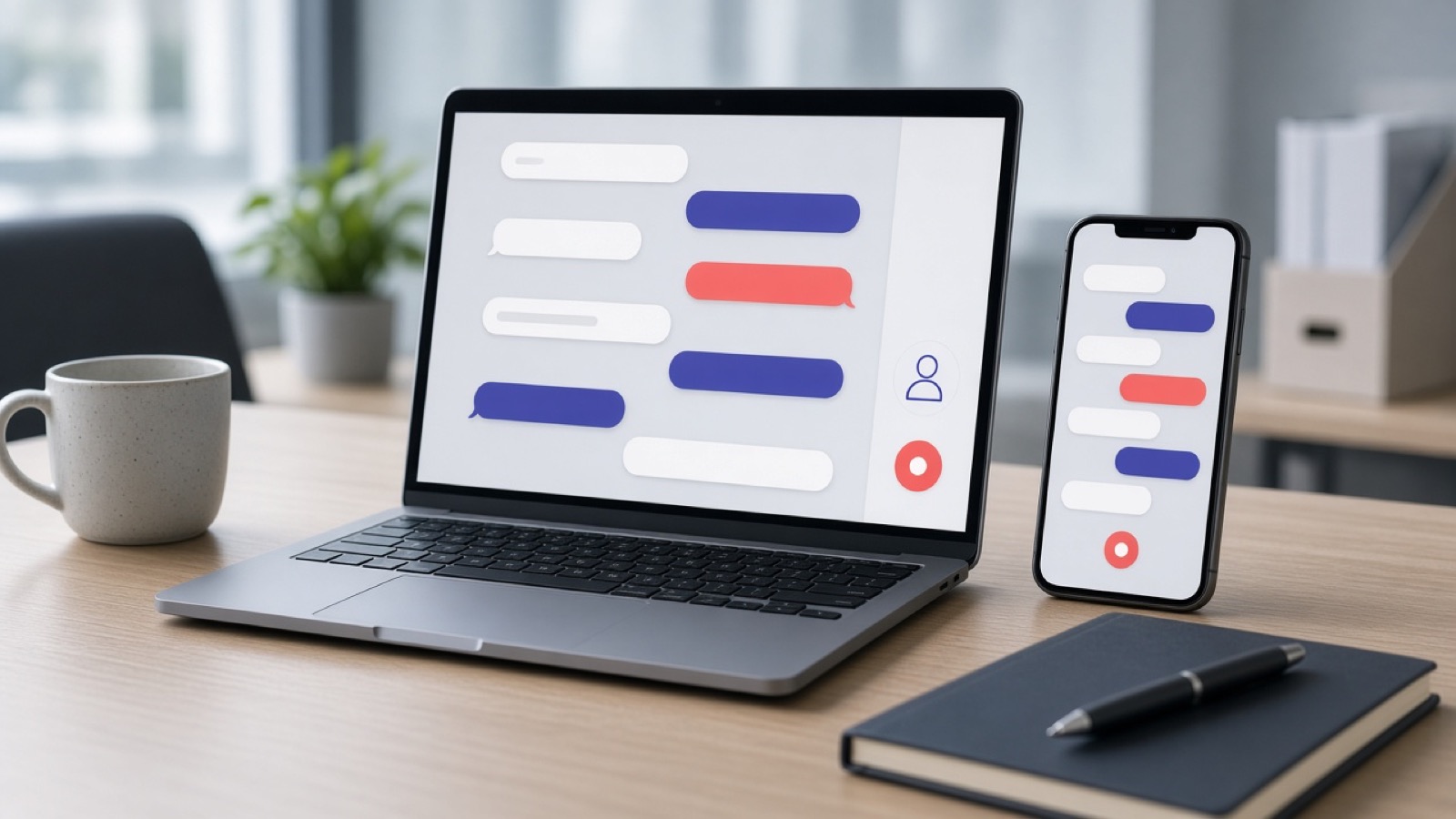 Support desk with an AI chat of message bubbles on a laptop and phone, plus a button to reach a person