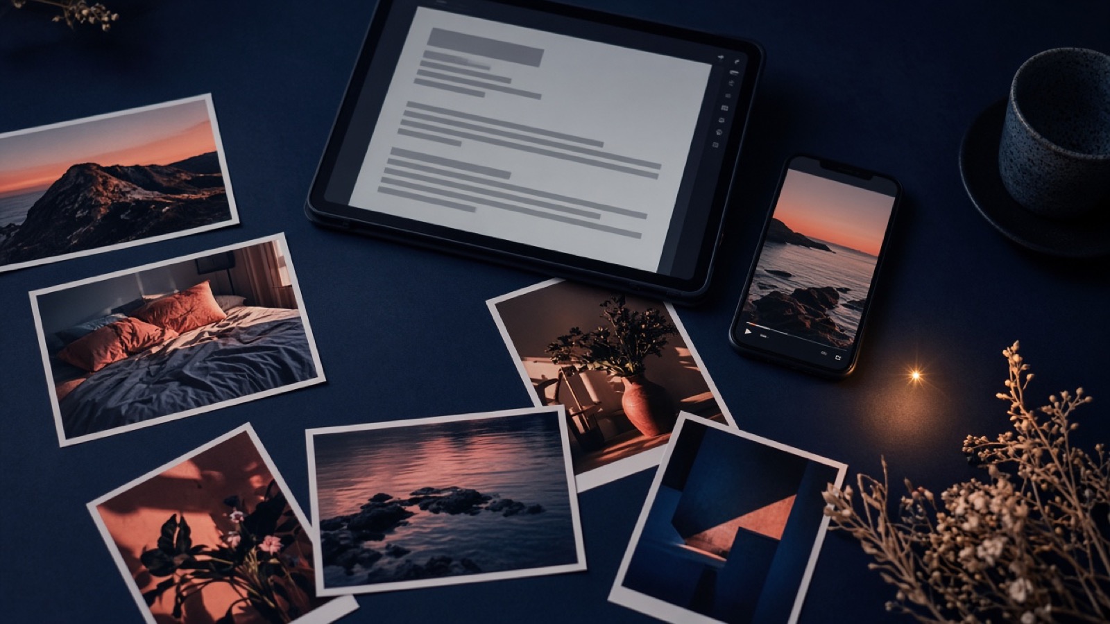 Creative studio table with printed photos, an article draft on a tablet, a vertical video frame, and a spark of light