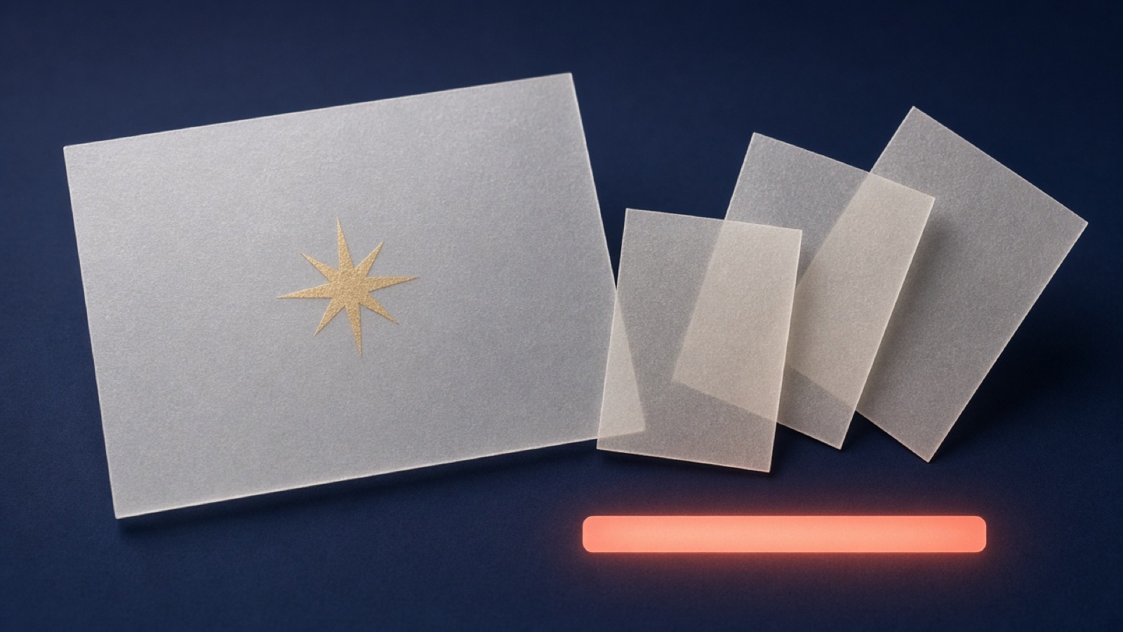 Frosted glass AI answer card with a gold star, three source cards, and a glowing visibility meter