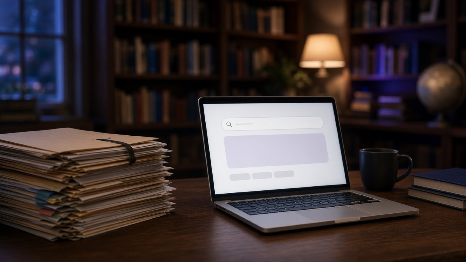 Stack of documents beside a laptop that shows a search answer with three source tags