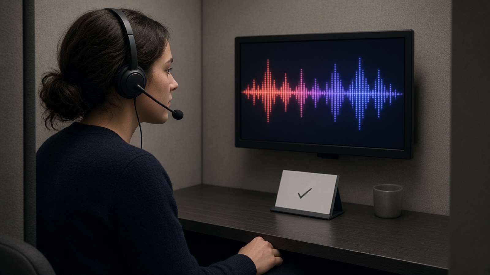 Quiet call booth with a headset, a glowing voice waveform, and a booking card marked with a tick