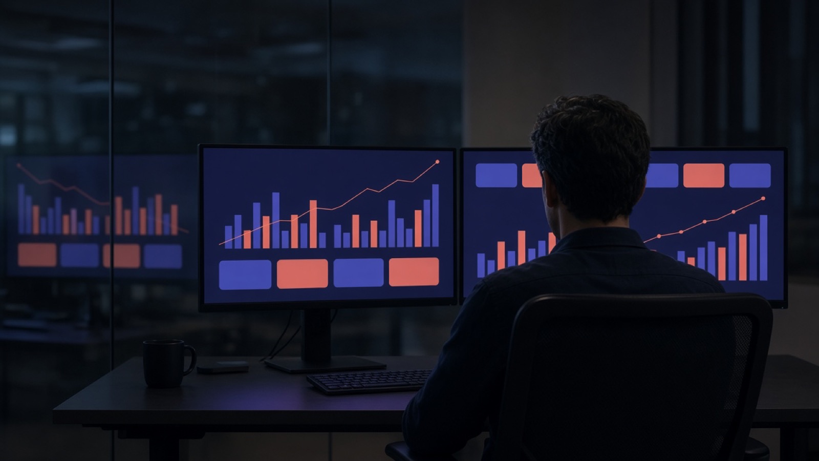 Analytics workspace with dual monitors showing bar charts, a trend line, and blank metric cards