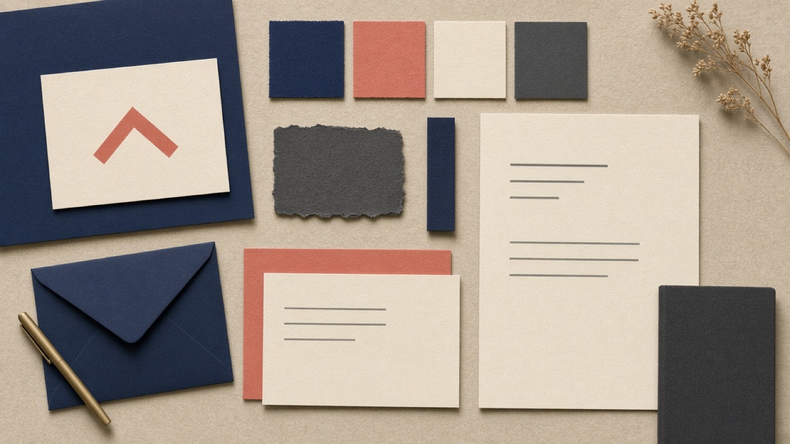 Brand identity flat lay with indigo, coral, cream and charcoal swatches, a chevron mark, and stationery