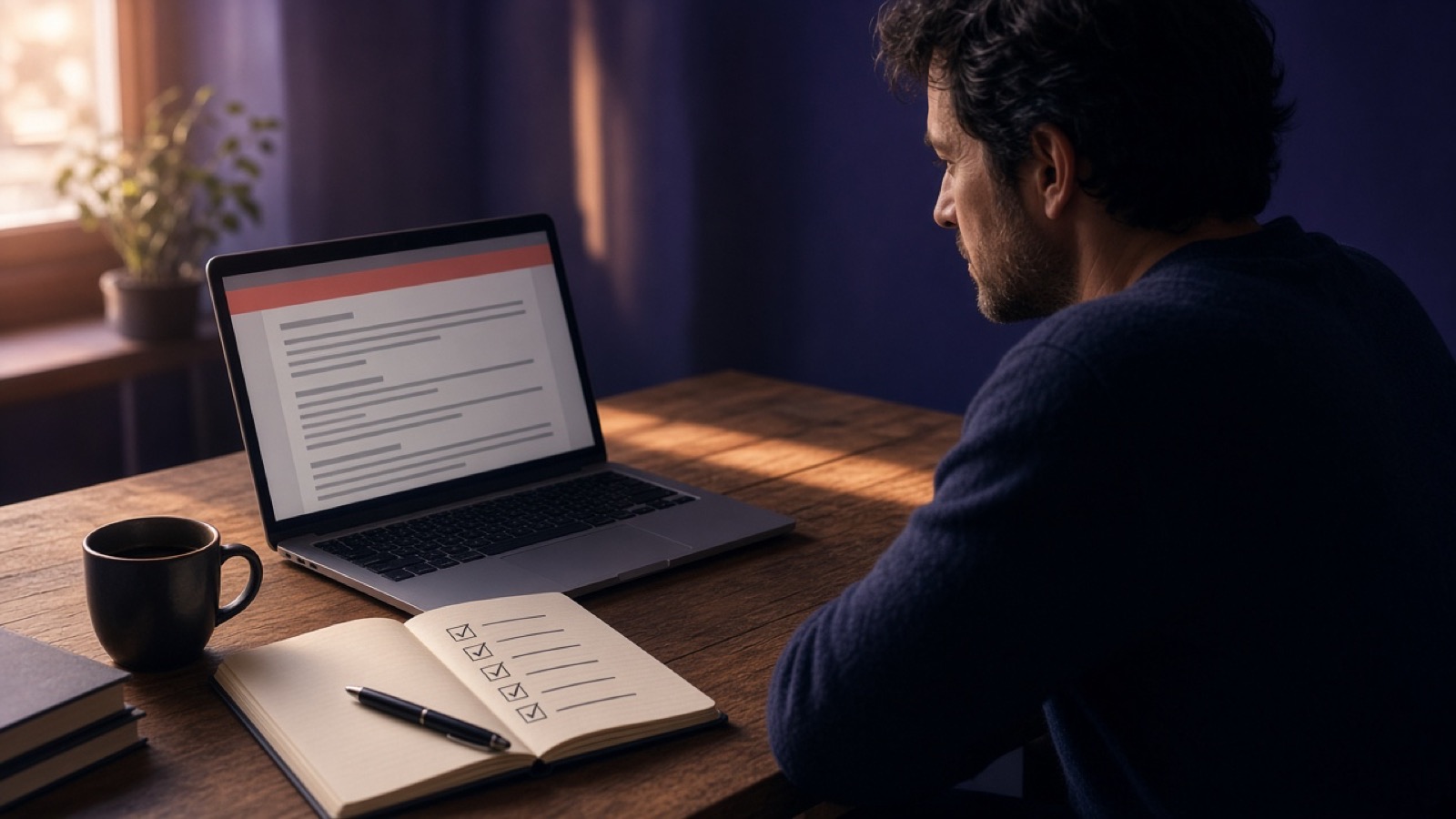 Writer’s desk with an article layout on a laptop beside a notebook checklist of tick marks