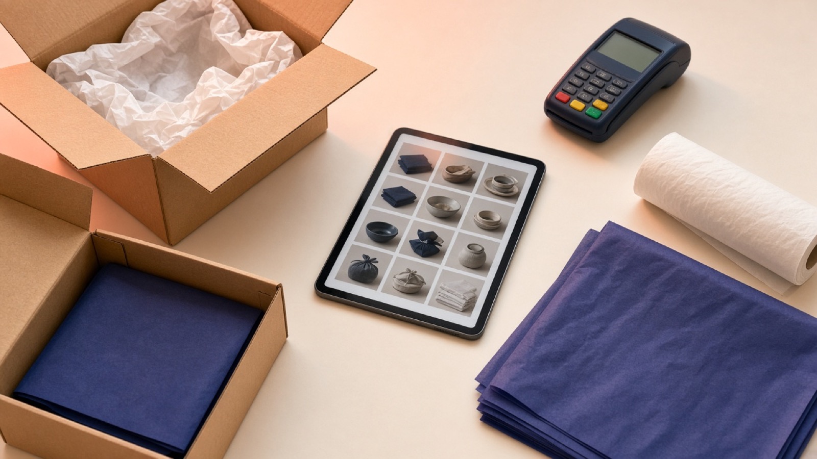 Online store packing desk with kraft shipping boxes, a tablet of product photos, and a card payment terminal