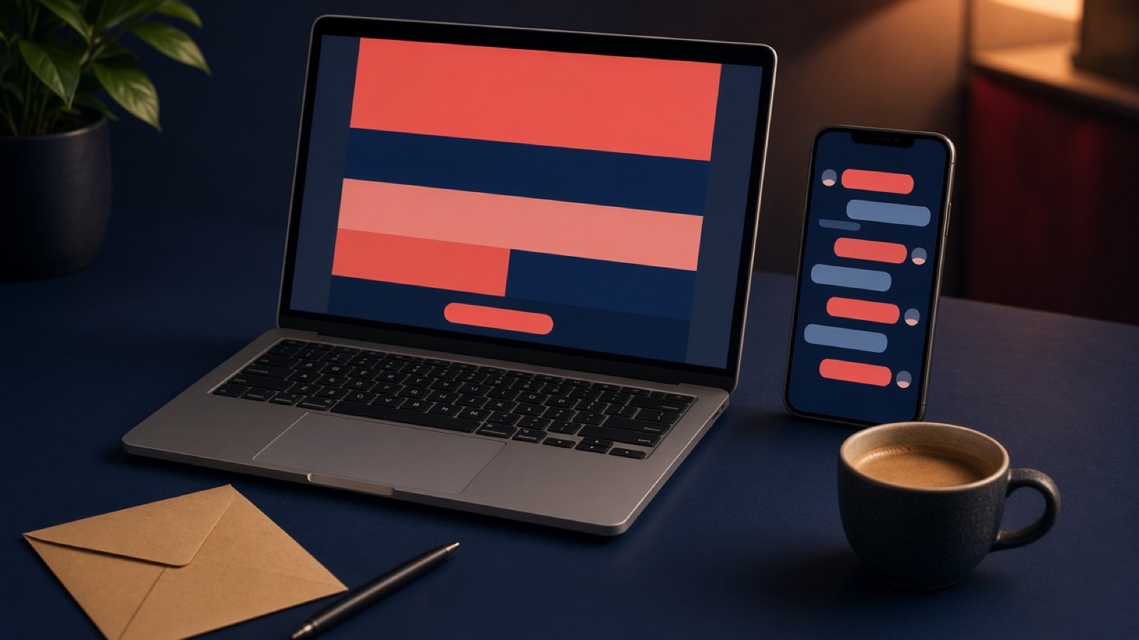 Email and WhatsApp marketing desk with a newsletter layout on a laptop, chat bubbles on a phone, and an envelope