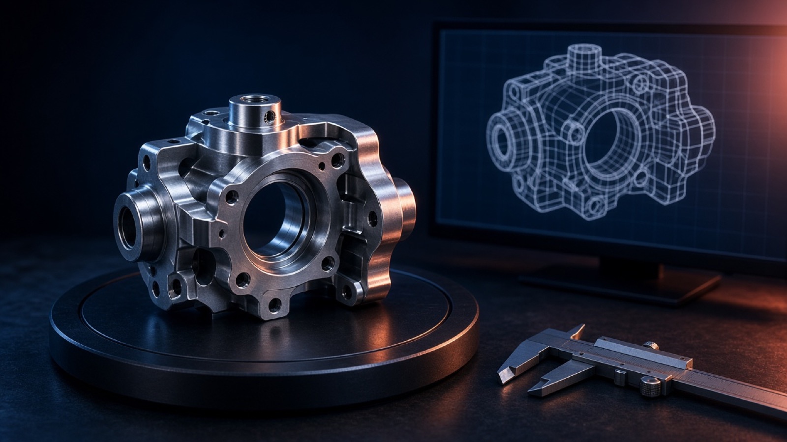 Precision metal component on a studio turntable beside a monitor showing its 3D wireframe