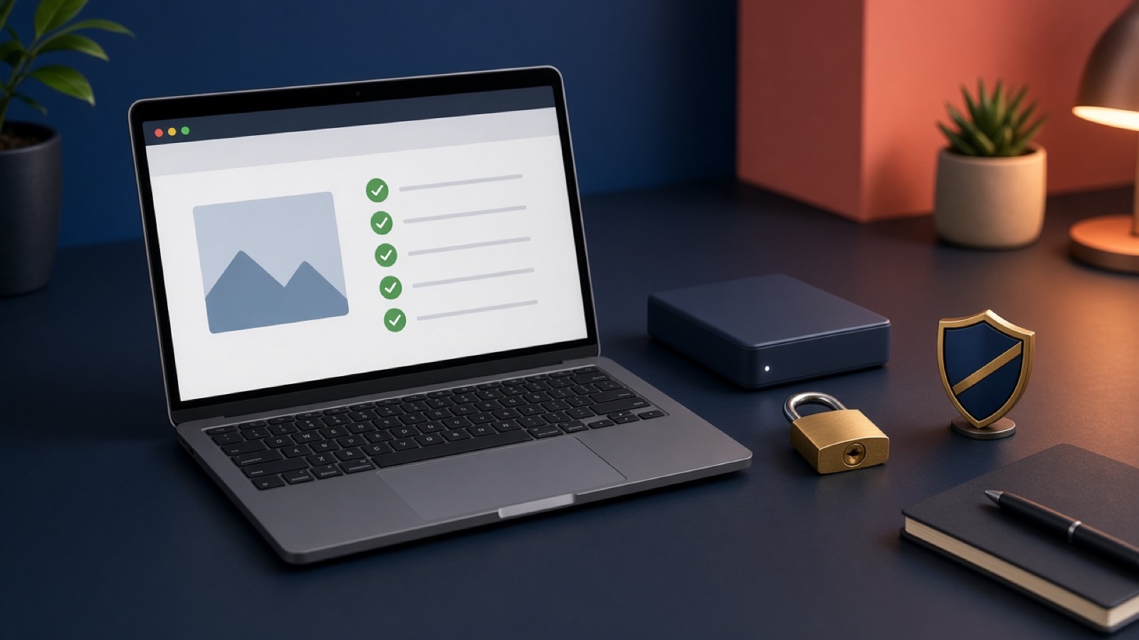 Website maintenance desk with a laptop checklist, a padlock, a backup drive, and a security shield