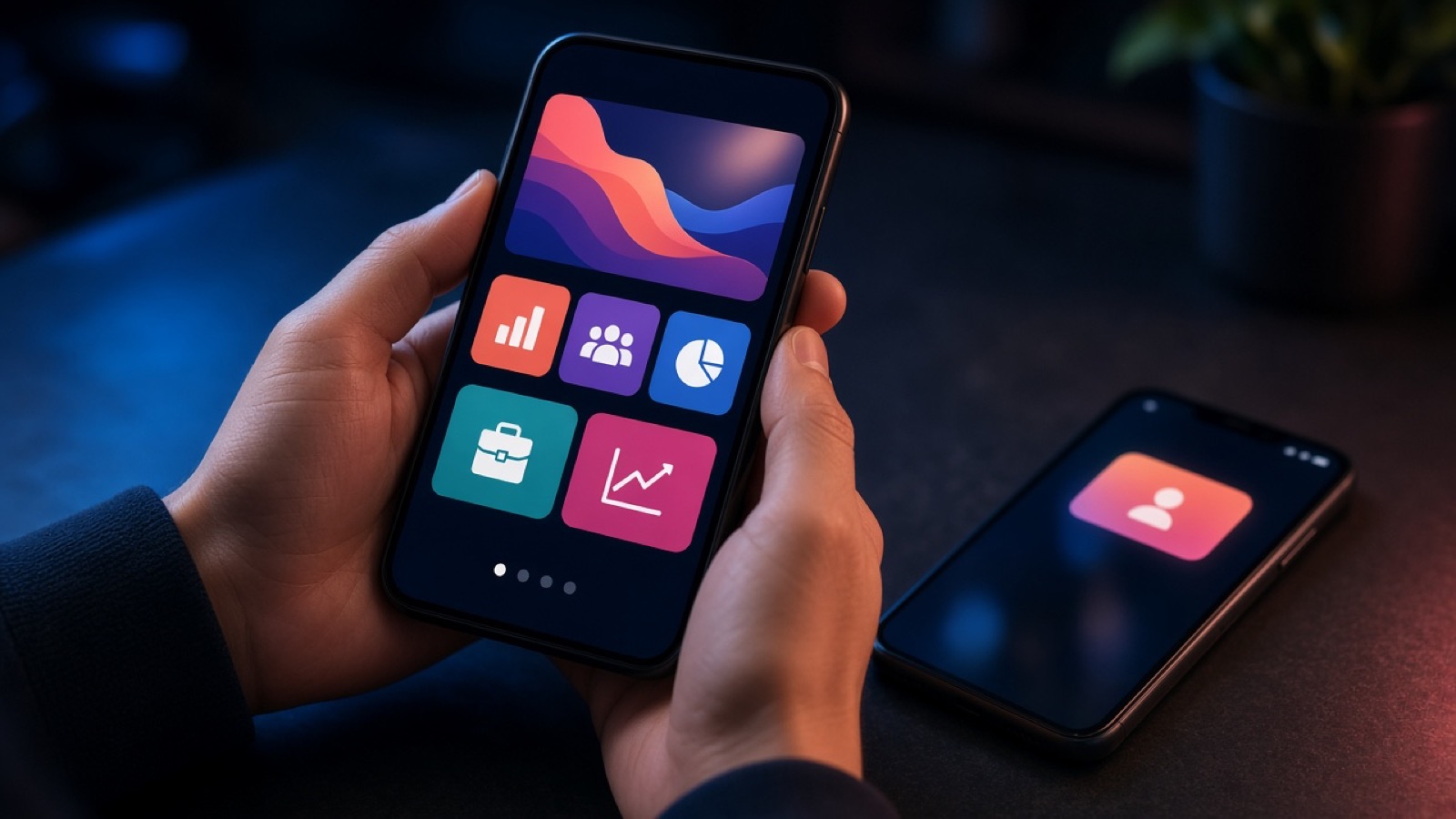 Hands holding a smartphone that shows a business app of coloured tiles, a banner, and navigation dots