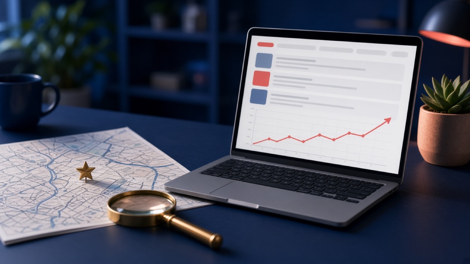 Local SEO desk with a laptop search-results chart, a city map, a gold star pin, and a magnifying glass