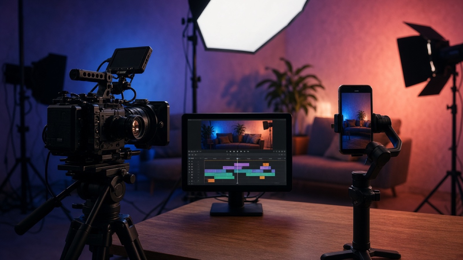 Short-form video set with a cinema camera, a phone on a gimbal, studio lights, and an editing timeline