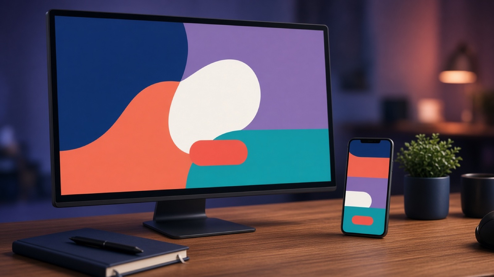 Website design studio desk with a colourful homepage on a desktop monitor beside the same layout on a smartphone