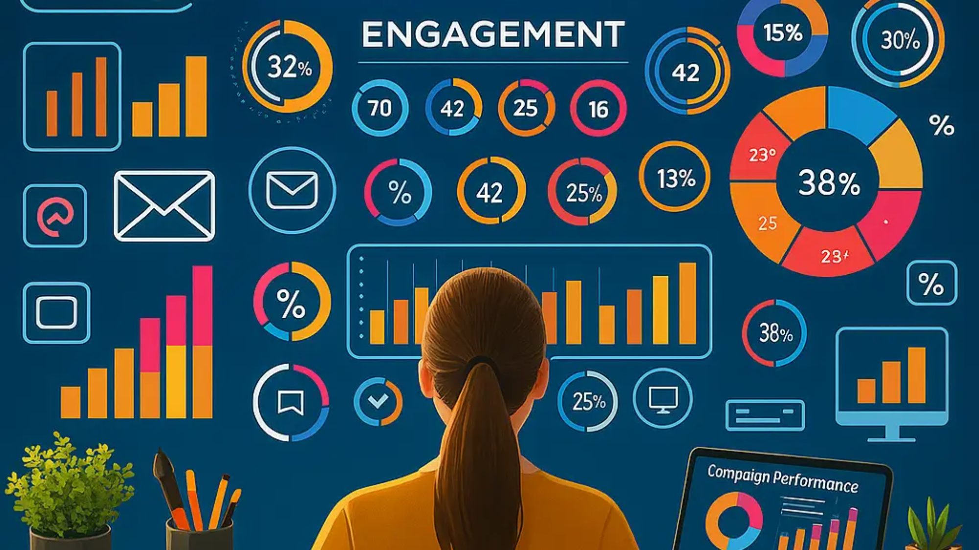 campaign performance dashboard, surrounded by charts and graphics illustrating personalized marketing, enhanced engagement, and analytics on a creative workspace wall.