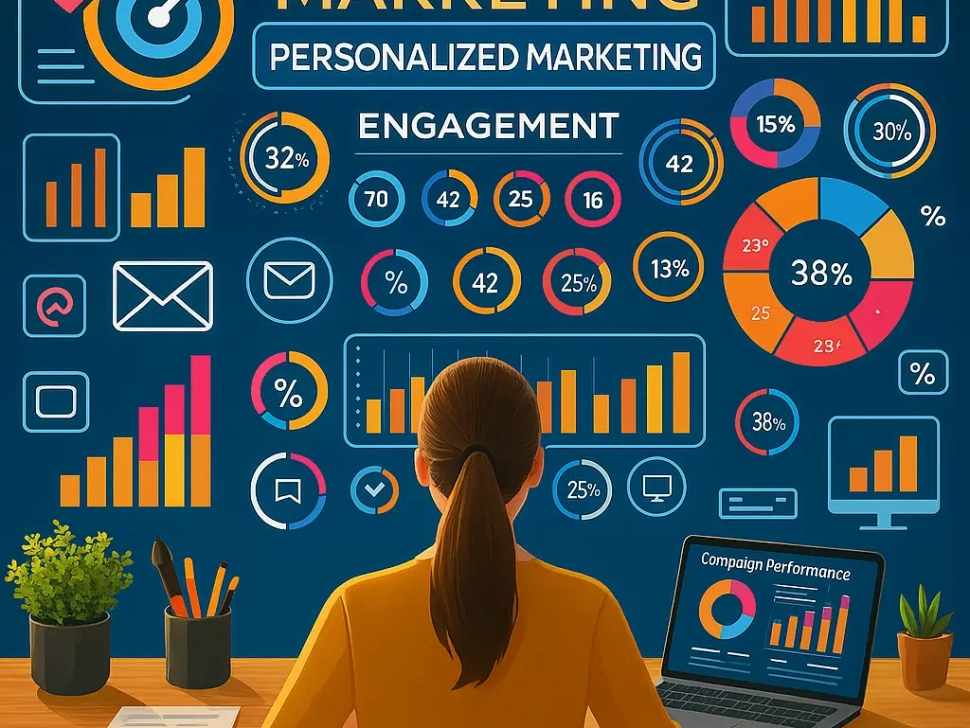 campaign performance dashboard, surrounded by charts and graphics illustrating personalized marketing, enhanced engagement, and analytics on a creative workspace wall.