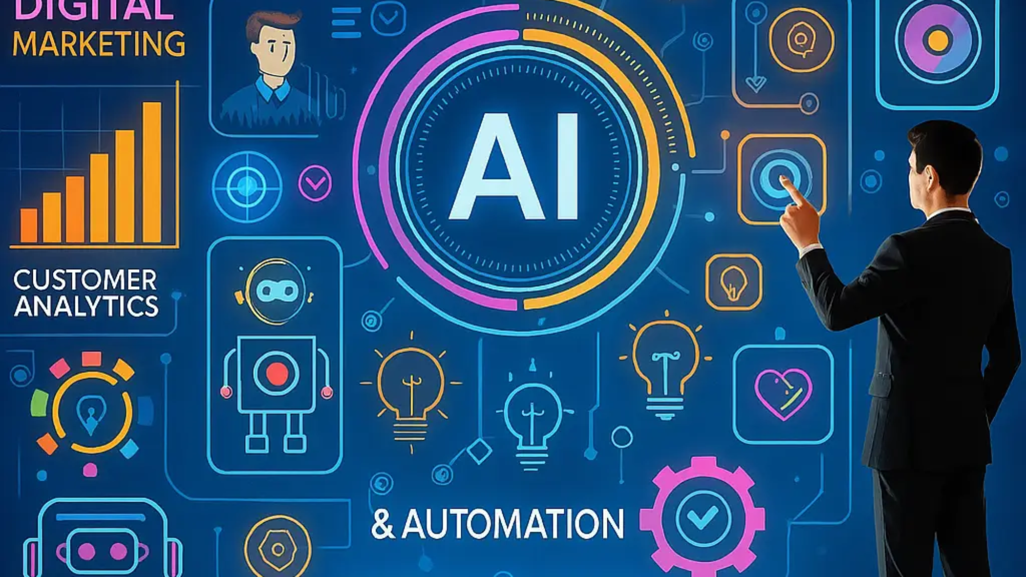 digital interface featuring AI-powered tools like customer segmentation, chatbots, and marketing automation on a futuristic dashboard.