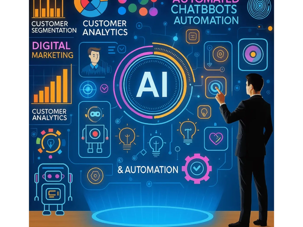 digital interface featuring AI-powered tools like customer segmentation, chatbots, and marketing automation on a futuristic dashboard.